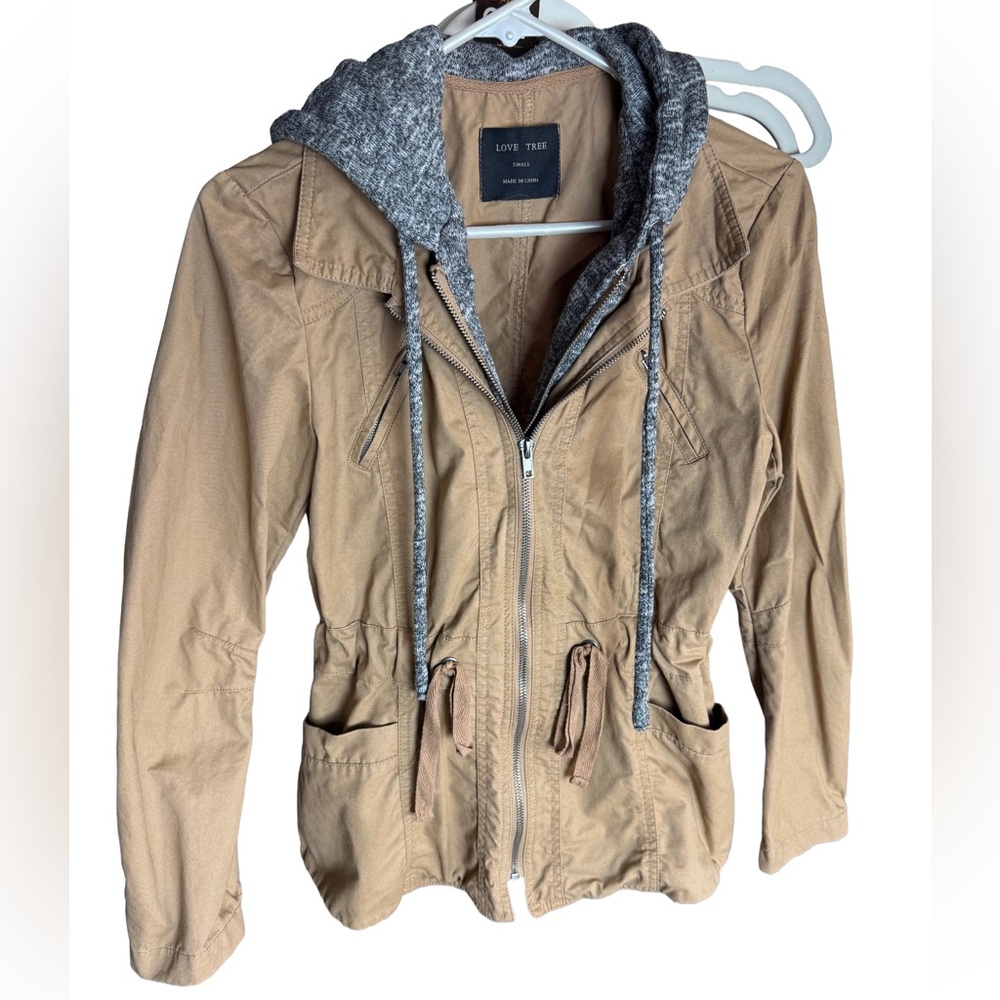 NWOT Love Tree Brown and Grey Hooded Utility Jacket